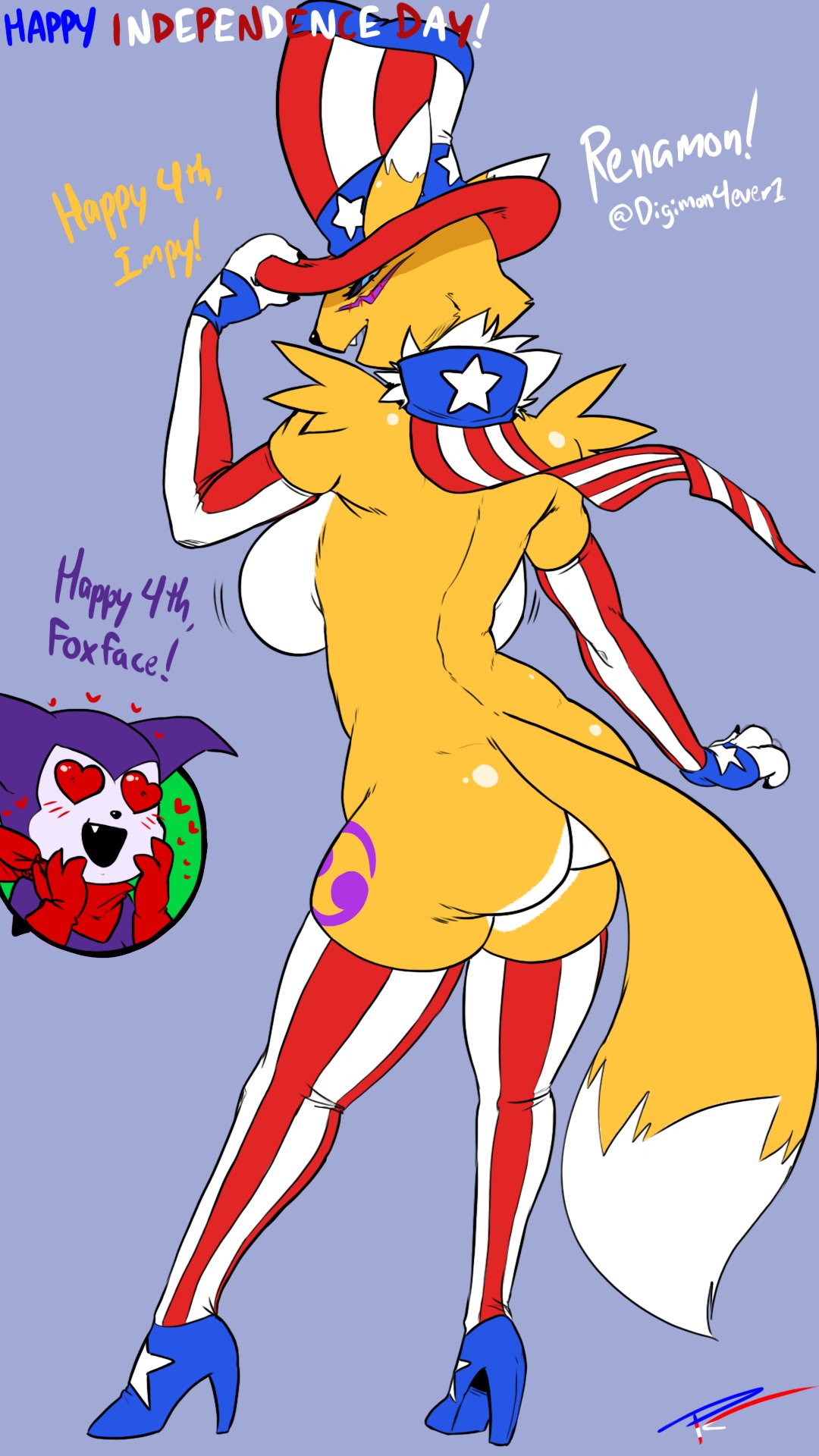 1girl 4th_of_july american_flag_armwear american_flag_hat american_flag_headwear american_flag_high_heels american_flag_legwear american_flag_thigh_highs anthro ass ass bandai_namco big_ass big_breasts blush blush breasts breasts_out canid canine digimon digimon_(species) digimon_tamers duo fakeryway fox heart_eyes heart_symbol high_res holidays humanoid imp impmon male male/female mammal mostly_nude mostly_nude_anthro renamon rn4th_of_july rnamerican_flag_clothing rncanid rnhi_res thick_thighs vixen