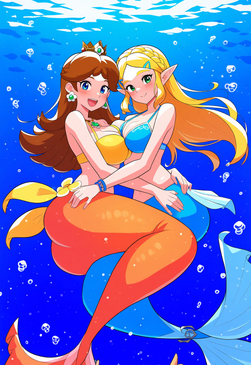 2girls ai_generated alternate_species ass big_breasts bikini_top breasts cleavage crossover female female/female female_only humanoid looking_at_viewer mario_(series) mermaid nintendo ocean princess_daisy princess_zelda sea super_smash_bros. tail tears_of_the_kingdom the_legend_of_zelda underwater water yuri zelda_(tears_of_the_kingdom)