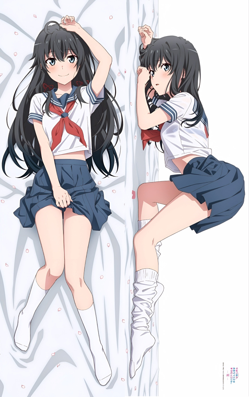 ahoge arm_up ass bare_legs bare_thighs bed_sheet black_hair blue_eyes blush bra_visible_through_clothes collarbone dakimakura dakimakura_design feet hand_holding_skirt long_hair lying mofficial_art mouth_closed open_mouth school_uniform see_through_clothing skirt small_breasts smile socks thighs white_socks yahari_ore_no_seishun_lovecome_wa_machigatteiru. yukinoshita_yukino