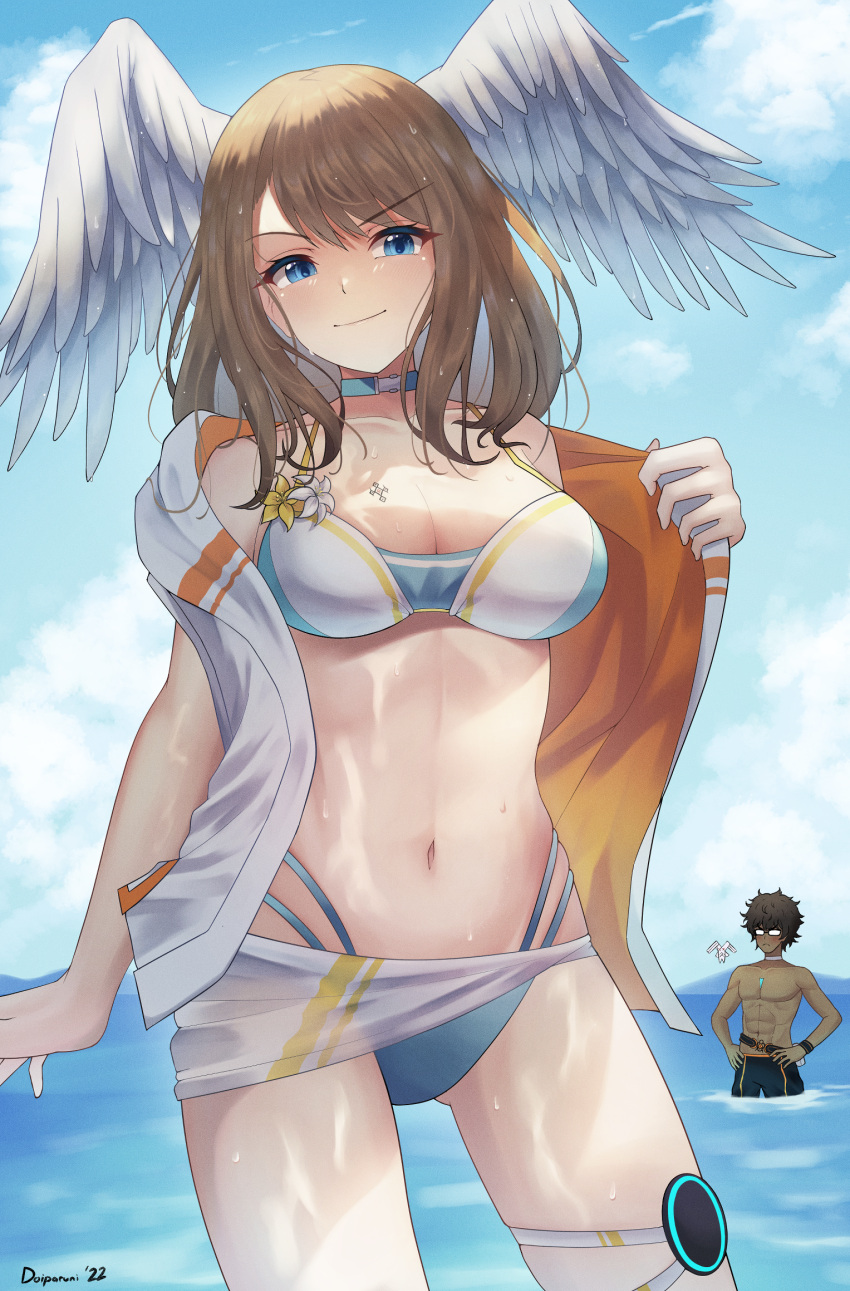 1boy 1girl big_breasts bikini blue_eyes breast_tattoo brown_hair choker cleavage doiparuni eunie_(xenoblade) head_wings high_res long_hair looking_at_viewer medium_hair navel smile swimsuit taion_(xenoblade) tattoo water white_wings wings xenoblade_(series) xenoblade_chronicles_3