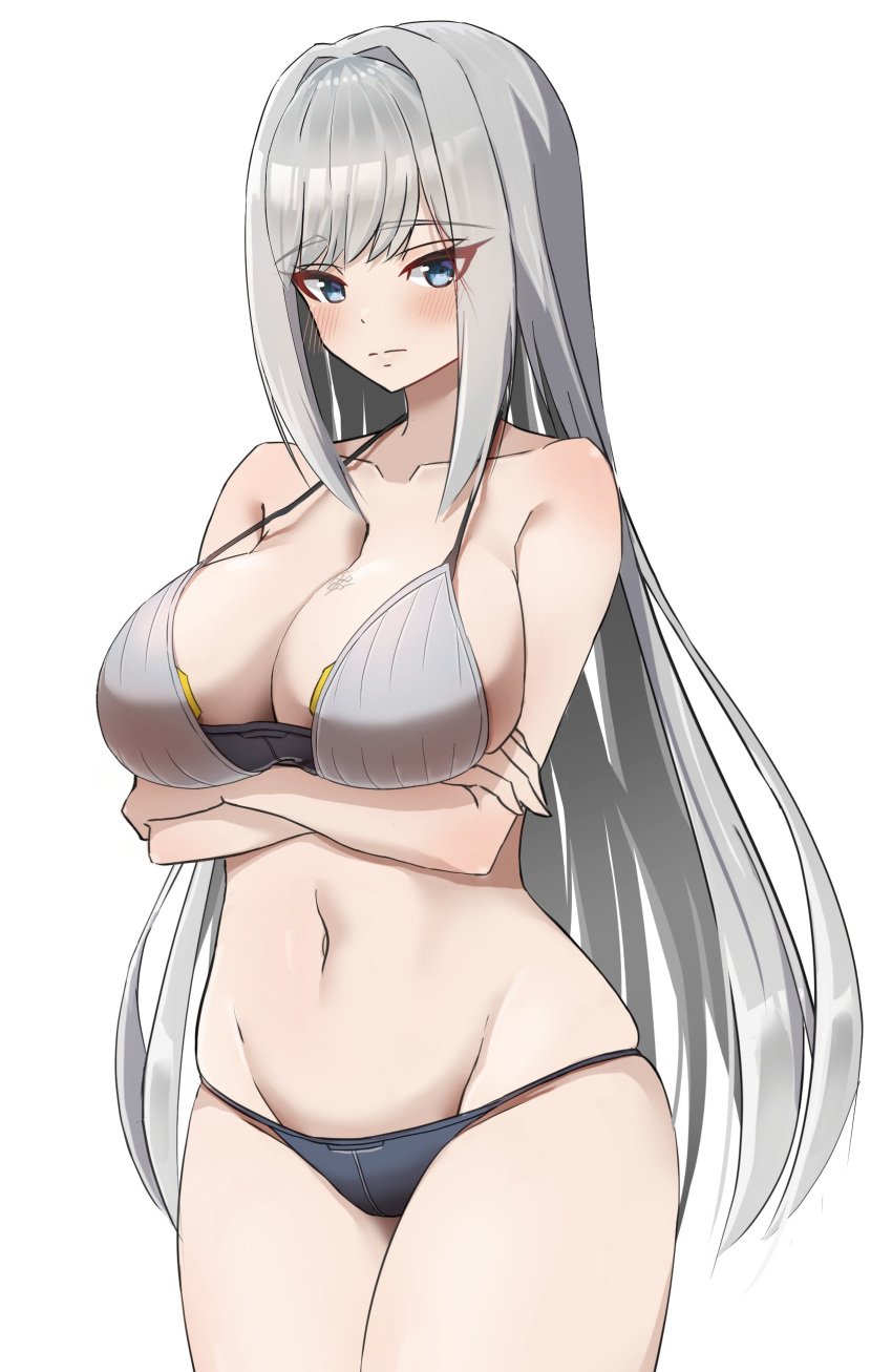 1girl 1girl absurd_res alluring big_breasts bikini blue_eyes blush breast_tattoo cleavage ethel_(xenoblade) grey_hair high_res kanuici336 long_hair navel simple_background swimsuit tattoo very_long_hair xenoblade_(series) xenoblade_chronicles_3