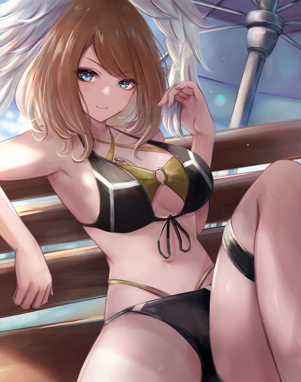 1girl 1girl alluring alternate_costume aqua_eyes bench big_breasts bikini black_bikini brown_hair closed_mouth commentary english_commentary eunie_(xenoblade) gold_bikini head_wings high_res layered_bikini leonmandala long_hair looking_at_viewer navel on_bench parasol sitting smile stomach sunlight swimsuit umbrella white_wings wings xenoblade_(series) xenoblade_chronicles_3 yellow_bikini