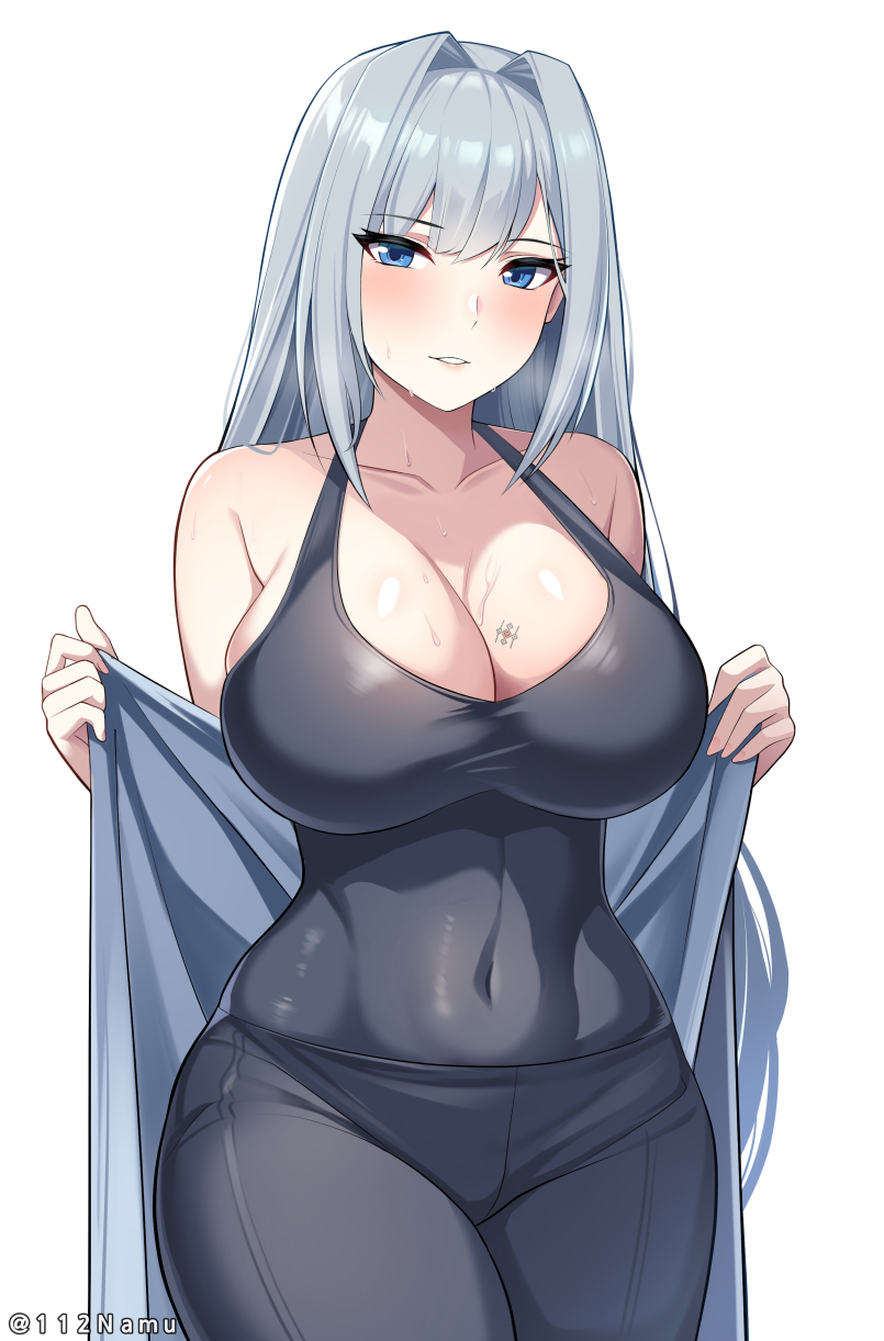 1girl 1girl alluring bare_shoulders big_breasts blue_eyes cleavage collarbone covered_navel english_text ethel_(xenoblade) grey_hair hair_intakes high_res light_blush long_hair looking_at_viewer meme namu_(112namu) navel parted_lips teeth undressing very_long_hair xenoblade_(series) xenoblade_chronicles_3