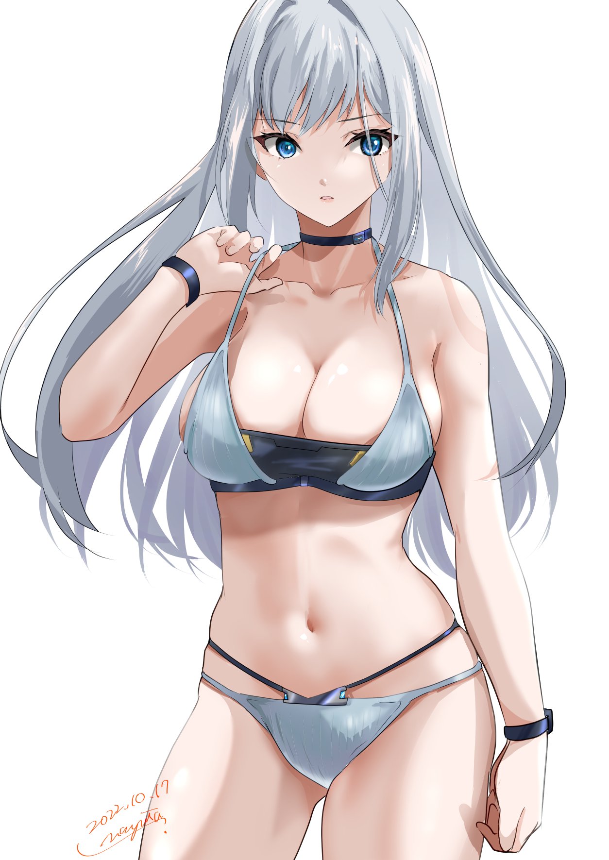 1girl 1girl alluring big_breasts bikini blue_eyes cleavage ethel_(xenoblade) grey_hair high_res long_hair looking_at_viewer navel nayuta-kanata simple_background swimsuit very_long_hair white_background xenoblade_(series) xenoblade_chronicles_3