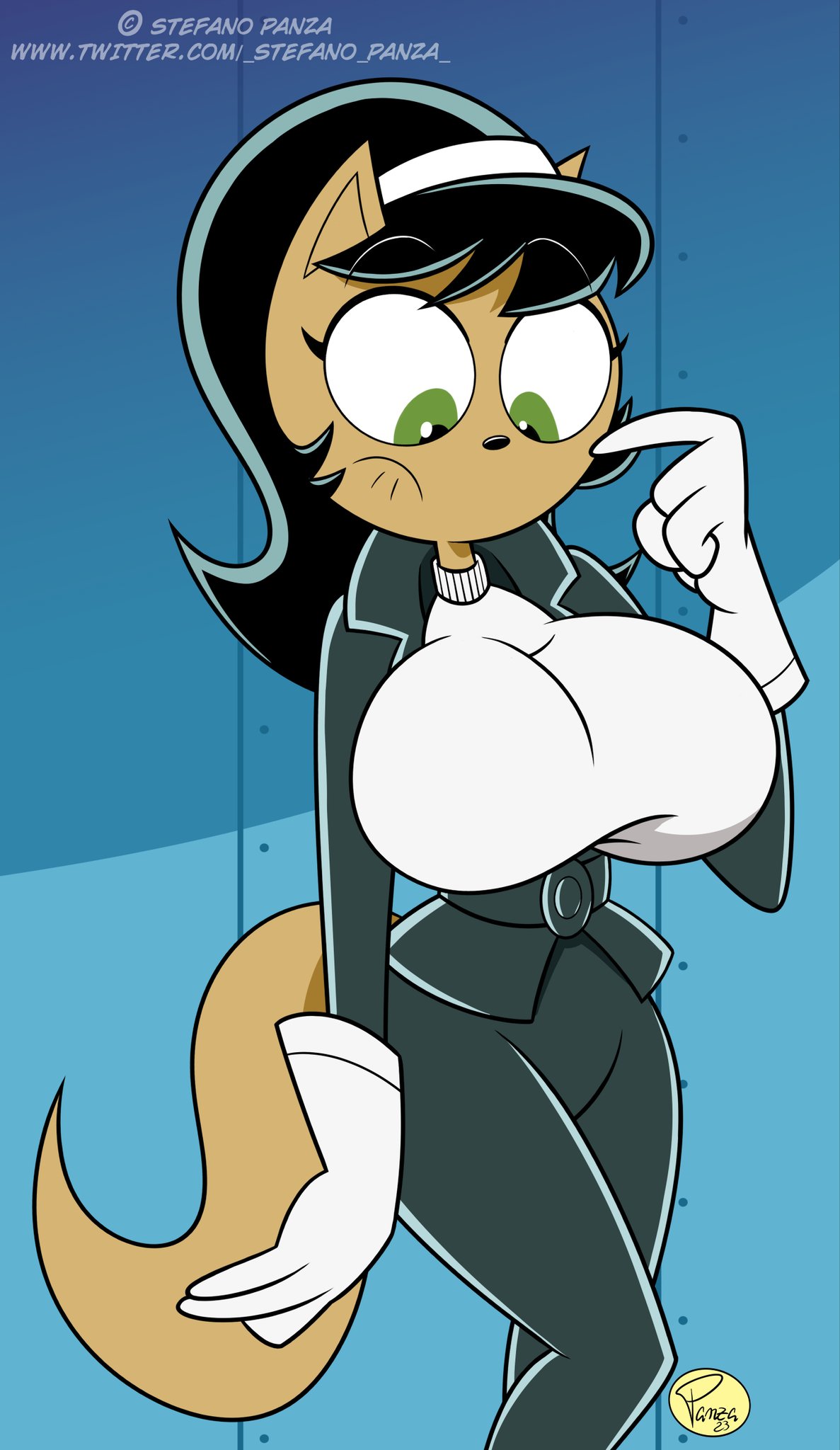 1girl 1girl big_breasts black_hair brown_fur clothed domestic_cat green_eyes ilpanza kitty_katswell looking_down nickelodeon standing t.u.f.f._puppy