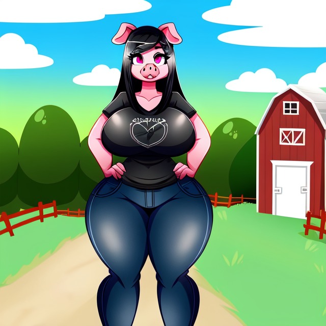 1girl ai_generated ai_hands anthro big_breasts black_hair black_t-shirt blue_pants farm frosting.ai large_ass long_hair original_character pig pig_ears pig_nose pink_eyes pink_skin thick_thighs voluptuous wide_hips