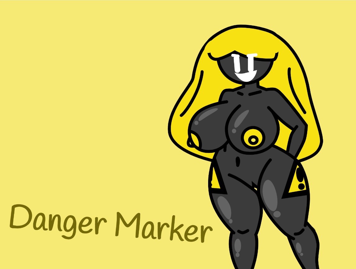 1girl big_ass big_breasts danger_marker_(find_the_markers) find_the_markers grey_skin justmad9876_(artist) naked_female white_eyes white_mouth yellow_background yellow_body yellow_hair yellow_nipples