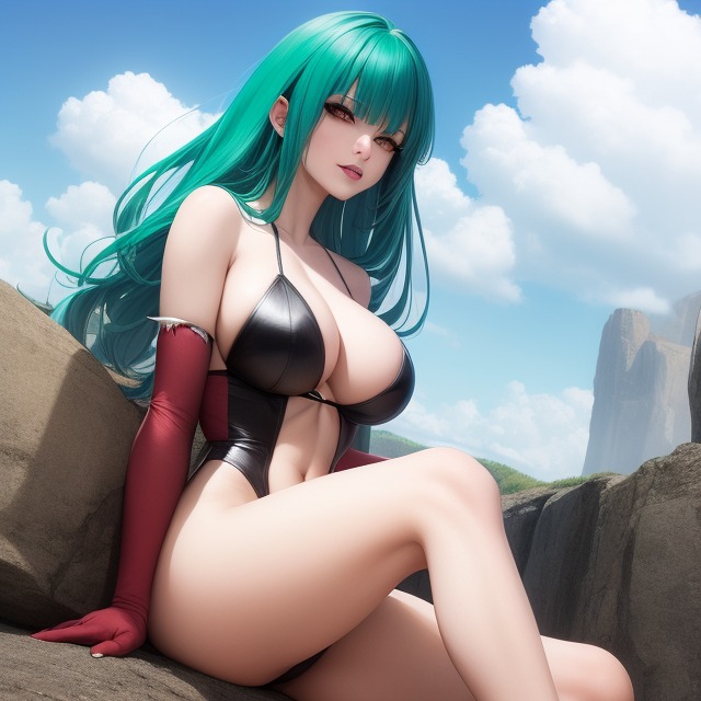 ai_generated big_breasts body_suit darkstalkers green_hair long_hair long_sleeves looking_at_viewer morrigan_aensland sitting succubus swimsuit vampire_savior