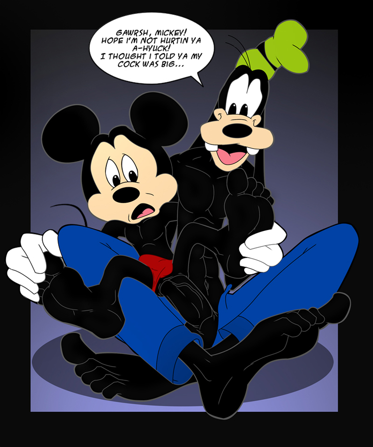 2boys anal anal_sex anthro barefoot big_feet big_penis color disney duo english_text fur furry gninrom goofy male male_only mickey_mouse penetration penis sex sitting size_difference text yaoi