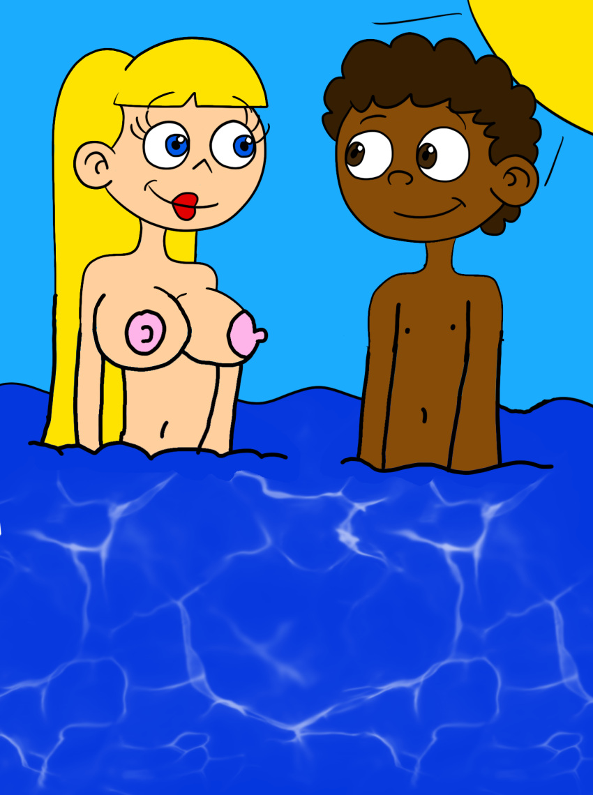 1boy 1girl 2024 aged_up annie_(little_einsteins) blonde_hair breasts brown_hair dark-skinned_male disney disney_channel grown_up light-skinned_female lipstick little_einsteins male/female matiriani28 navel nipples nude_beach ocean quincy_(little_einsteins) sea sexy skinny_dipping sun tagme