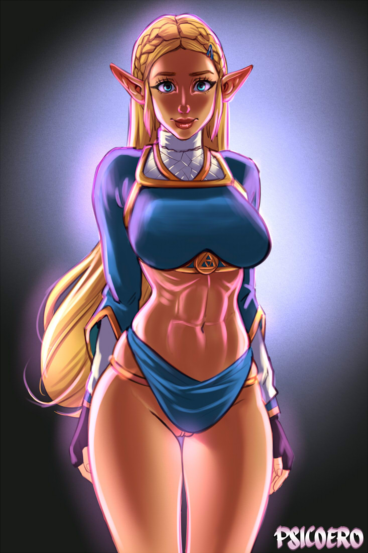 1girl 1girl abs alluring athletic_female backlighting big_breasts blonde_hair female_abs fit_female no_panties princess_zelda psicoero pussy_peek the_legend_of_zelda