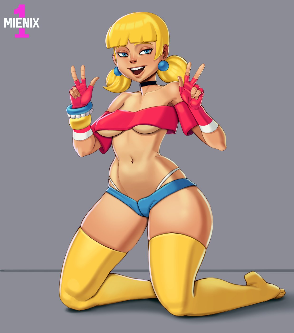 1girl 1girls 2023 aged_up artist_logo athletic athletic_female bare_midriff bare_shoulders big_breasts blonde_hair blue_eyes bracelet breasts child_bearing_hips choker crop_top dic_entertainment digital_media_(artwork) double_v earrings female_focus female_only fingerless_gloves g-string high_res hotpants hourglass_figure inspector_gadget kneel long_hair medium_breasts midriff navel onemienix penny_gadget pinup pinup_pose pose posing simple_background skimpy skimpy_clothes smile stockings straight_hair twin_tails under_boob v v_sign wide_hips