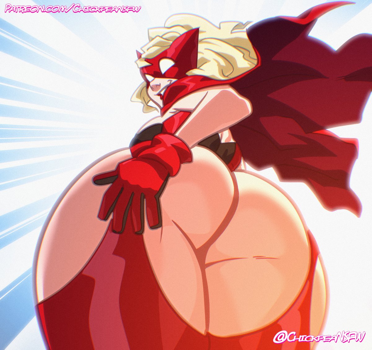 1girl 1girls 2024 ass ass big_ass big_ass blonde_hair cape capelet chickpea color colored crimson_terror digital_drawing_(artwork) expressive eyemask fat_ass female_only gloves glowing hand_on_ass hand_on_own_ass huge_ass huge_ass light-skinned_female looking_at_viewer looking_back looking_back_at_viewer looking_down looking_down_at_viewer looking_over_shoulder mask masked_female massive_ass original original_character pawg presenting_hindquarters sfw simple_background smile superhero_costume supervillain supervillain_costume supervillainess villain villainess white_skin worm's-eye_view