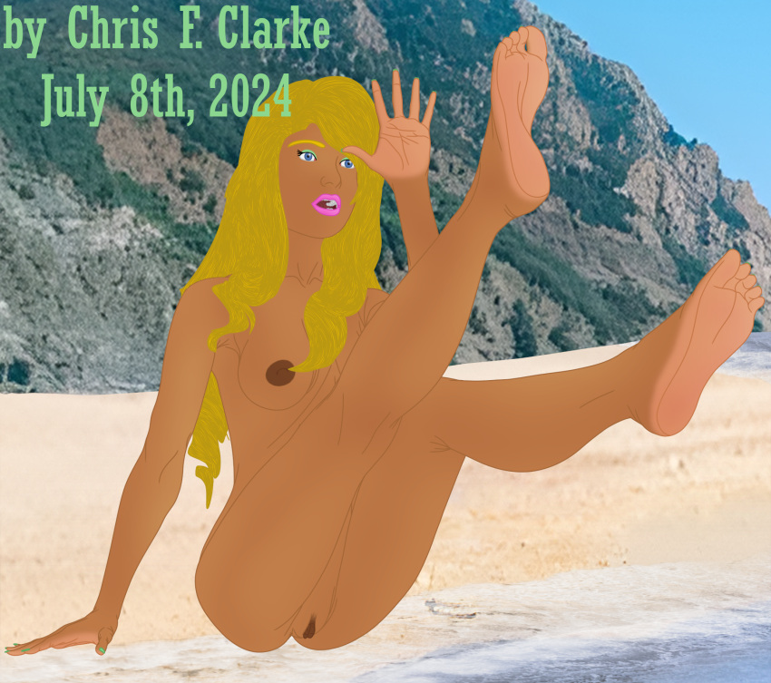 1girl 2024 after_transformation alternate_hair_color alternate_skin_color alternate_species arm_support barefoot beach blonde_hair blue_eyes bout_of_the_century breasts chrisfclarke clavicle clitoris completely_nude countershade_feet countershade_hands dark-skinned_female dark_labia dark_nipples dark_skin day drill_hair feet feet_up green_eyeshadow high_res human jodiana knees_up legs_up light_green_nails light_palms light_soles lipstick looking_at_foot looking_at_hand makeup medium_breasts mgw_productions mountain nail_polish nipples nude ocean open_mouth original_character outside palette_swap palm/sole_countershade pussy sand self_upload shaved_pussy sitting sky soles species_transformation surprised teeth toes uncensored_pussy very_long_hair young_adult young_adult_female young_adult_woman