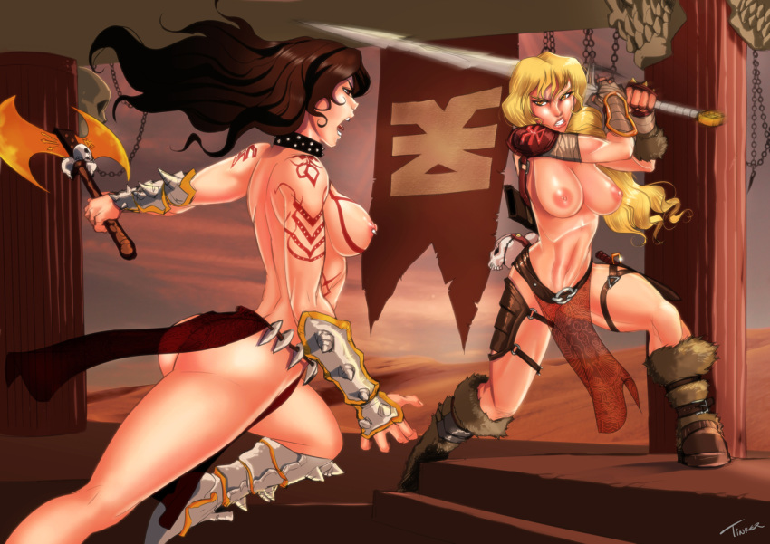 2_girls almost_nude armored_boots battle_axe big_breasts blonde blonde_female blonde_hair brown_hair choker fight fighting fighting_stance gauntlets khorne_(cult) khorne_(mark) long_hair nipple_piercing nipple_piercing nipple_slip nipples pelvic_curtain pink_nipples sword tattoo tinkerbomb warhammer_(franchise) warhammer_40k warhammer_fantasy warhammer_online:_age_of_reckoning