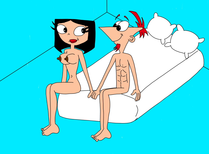 1boy 1girl bed bedroom breasts isabella_garcia-shapiro matiriani28 navel phineas_and_ferb phineas_flynn sitting tagme