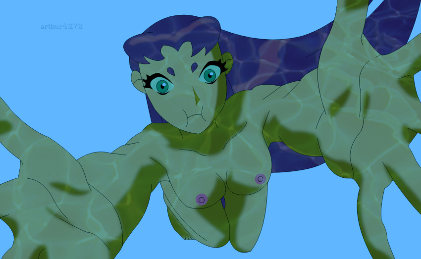 1girl arthur4272 breasts dc_comics female holding_breath koriand'r medium_breasts nipples nude puffed_cheeks skinny_dipping solo starfire swimming teen_titans underwater water