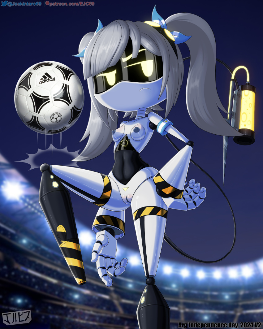 breasts digital_media_(artwork) disassembly_drone fanart glitch_productions grey_hair j_(murder_drones) jackintaro looking_at_viewer murder_drones nipples nude pussy ribbons robot robot_girl soccer tail twin_tails yellow_eyes