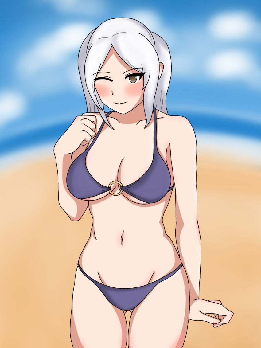 18days9 1girl ;) alluring ass_visible_through_thighs bare_thighs beach big_breasts bikini blush brown_eyes cleavage days female_only fire_emblem fire_emblem_awakening fire_emblem_heroes grey_hair medium_hair nintendo o-ring o-ring_bikini ocean one_eye_closed outside purple_bikini purple_swimsuit robin_(fire_emblem) robin_(fire_emblem)_(female) robin_(summer)_(fire_emblem)_(female) smile swimsuit thighs twin_tails under_boob wink