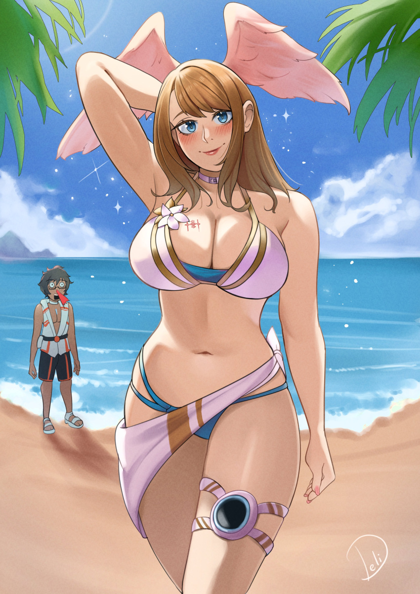 1boy 1boy1girl 1girl alluring big_breasts bikini blue_eyes cleavage delicious_brain eunie_(xenoblade) looking_at_viewer male nintendo swimsuit tagme taion_(xenoblade) xenoblade_(series) xenoblade_chronicles_3