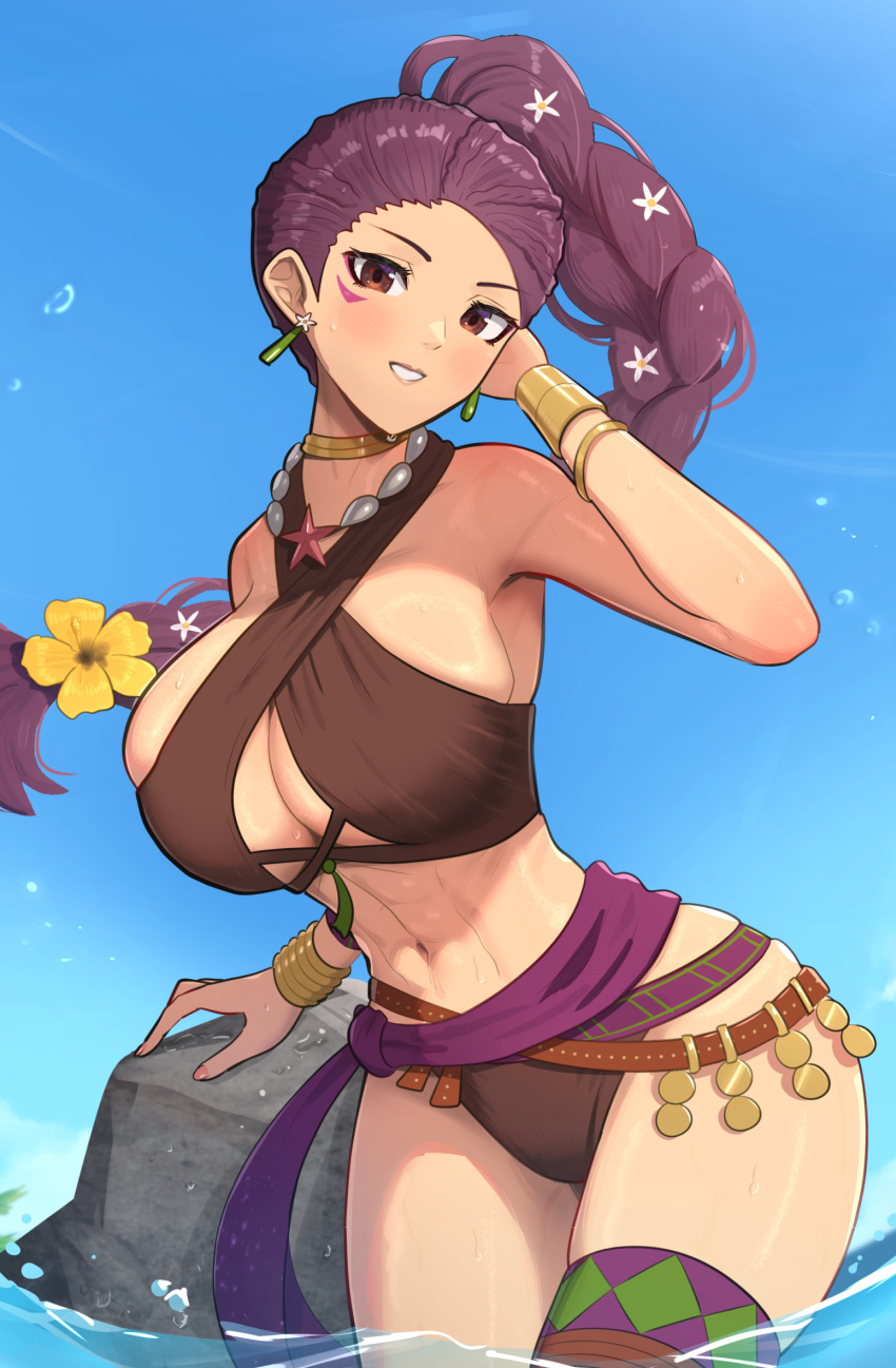 1girl 1girl 1girl abs alluring alternate_costume athletic_female big_breasts bikini blue_sky bracelet brown_bikini brown_swimsuit cleavage day earrings female_abs female_only fire_emblem fire_emblem:_three_houses fire_emblem_heroes fit_female gonzarez high_res hourglass_figure jewelry long_hair looking_at_viewer navel nintendo ocean official_alternate_costume outside partially_submerged petra_macneary petra_macneary_(summer) purple_hair skindentation sky swimsuit thighs wet wide_hips