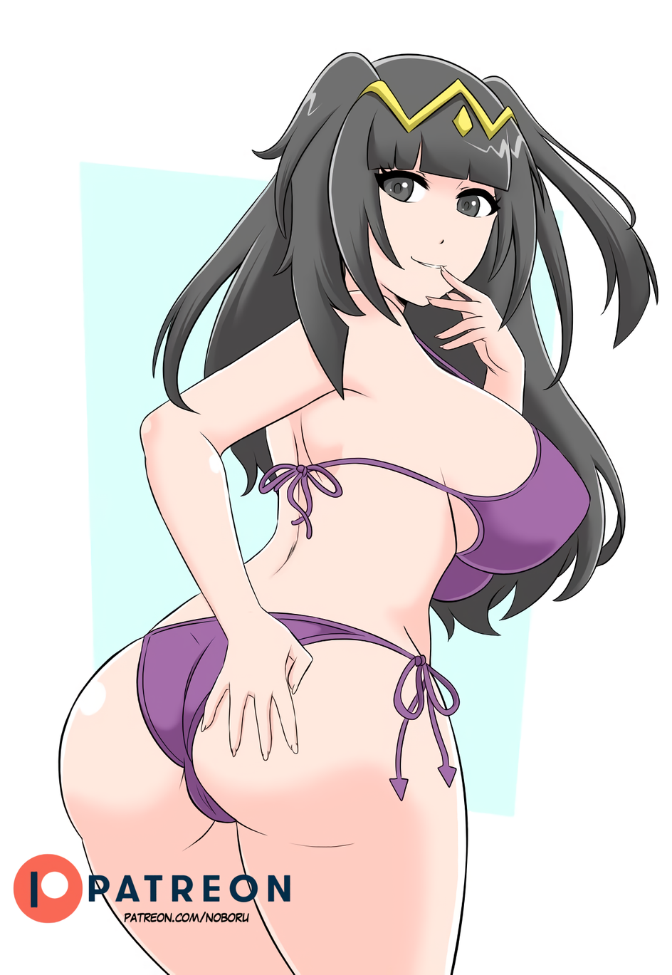 1girl 1girl 1girl alluring alternate_costume ass bangs bare_thighs big_breasts bikini black_eyes black_hair female_only fire_emblem fire_emblem_awakening large_ass long_hair looking_at_viewer looking_back milf nintendo noboru_revista purple_bikini purple_swimsuit smile swimsuit tharja tharja_(fire_emblem) thick_thighs thighs