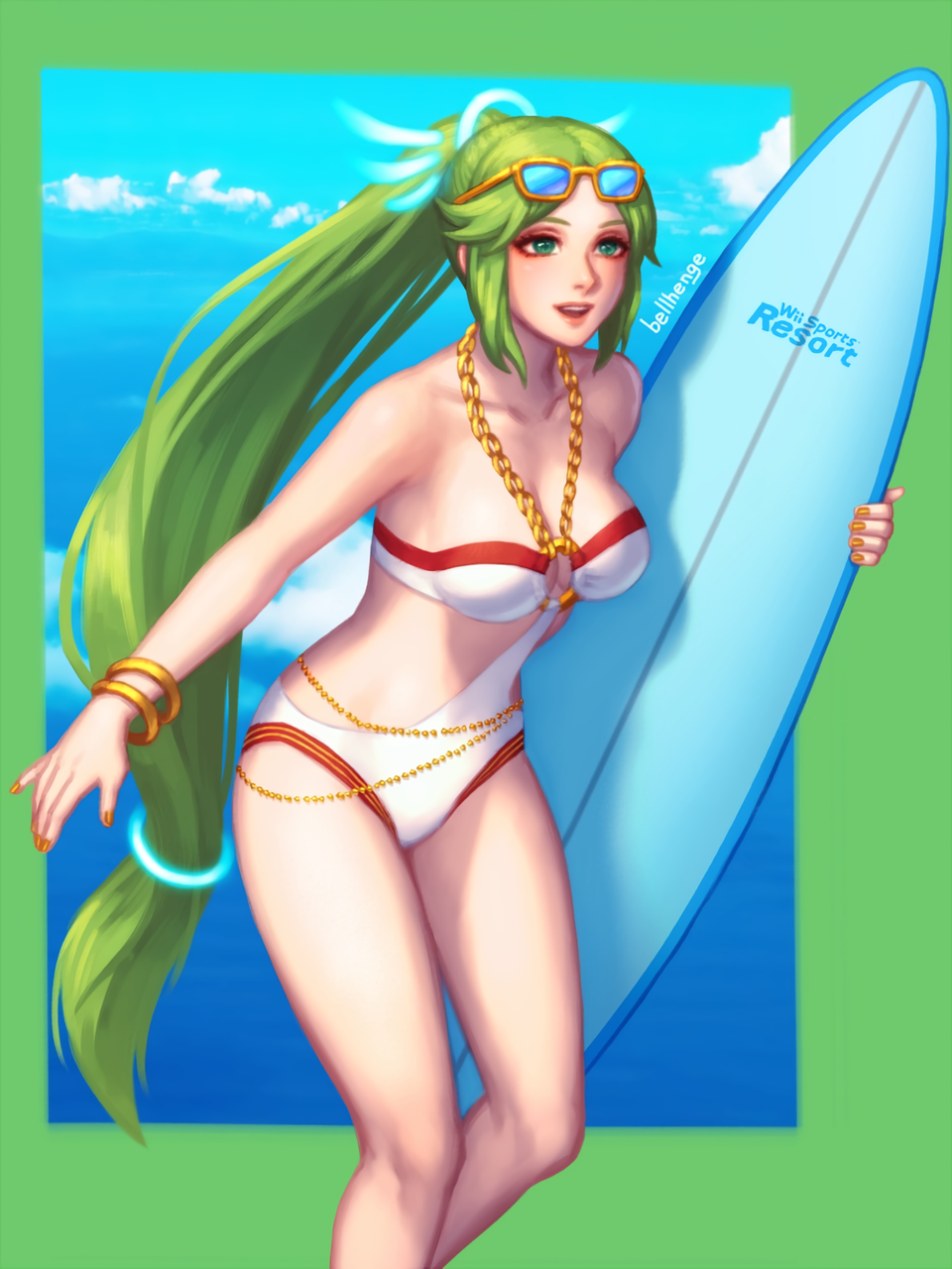 1girl 1girl 1girl alluring bangle bellhenge big_breasts bikini cleavage female_only green_eyes green_hair jewelry kid_icarus kid_icarus_uprising long_hair nintendo one-piece_swimsuit open_mouth outside palutena sunglasses super_smash_bros. surfboard very_long_hair