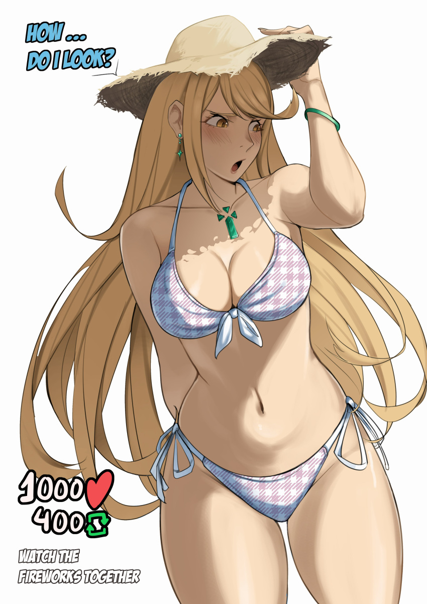 1girl 1girl 1girl alluring big_breasts bikini blonde_hair cleavage core_crystal delicious_brain deliciousbra female_only mythra nintendo open_mouth swimsuit xenoblade_(series) xenoblade_chronicles_2