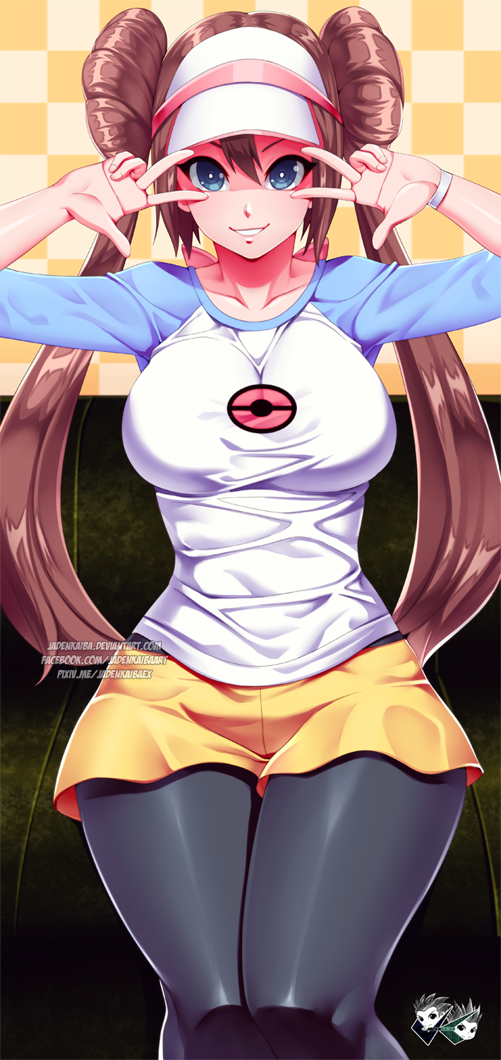 1girl 1girl 1girl alluring big_breasts deviantart eye_contact female_only human jadenkaiba looking_at_viewer mei_(pokemon) nintendo peace_sign pokemon pokemon_bw2 rosa rosa_(pokemon) solo_female solo_focus source_request text thick_thighs twin_tails url v v_sign watermark wide_hips