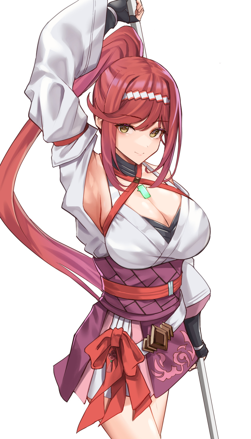 1girl 1girl absurd_res alluring arm_up armpits bare_shoulders big_breasts big_breasts black_gloves blush cleavage core_crystal female_only fingerless_gloves glimmer_(xenoblade) gloves grin hairband high_res holding_object holding_staff kimono long_hair looking_at_viewer monolith_soft multicolored_hair nintendo pink_hair pink_kimono ponytail red_hair short_dress short_kimono short_skirt smile staff thick_thighs thighs very_long_hair white-paka white_kimono xenoblade_(series) xenoblade_chronicles_3 xenoblade_chronicles_3:_future_redeemed yellow_eyes