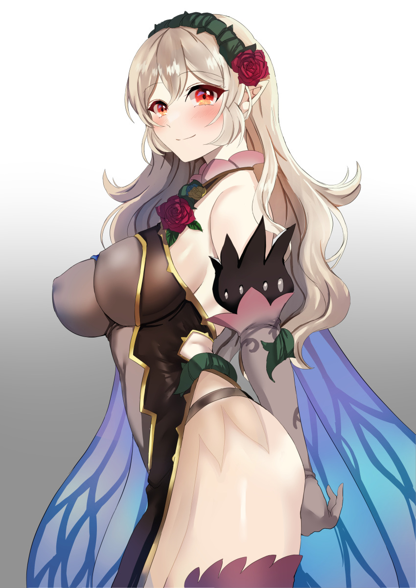 1girl 1girl alluring alternate_costume big_breasts blush corrin_(fire_emblem) corrin_(fire_emblem)_(female) corrin_(resplendent)_(fire_emblem)_(female) fire_emblem fire_emblem_fates fire_emblem_heroes grey_hair long_hair looking_at_viewer nintendo official_alternate_costume pointy_ears red_eyes side_view sideboob smile tara_(szzj7733) thighs