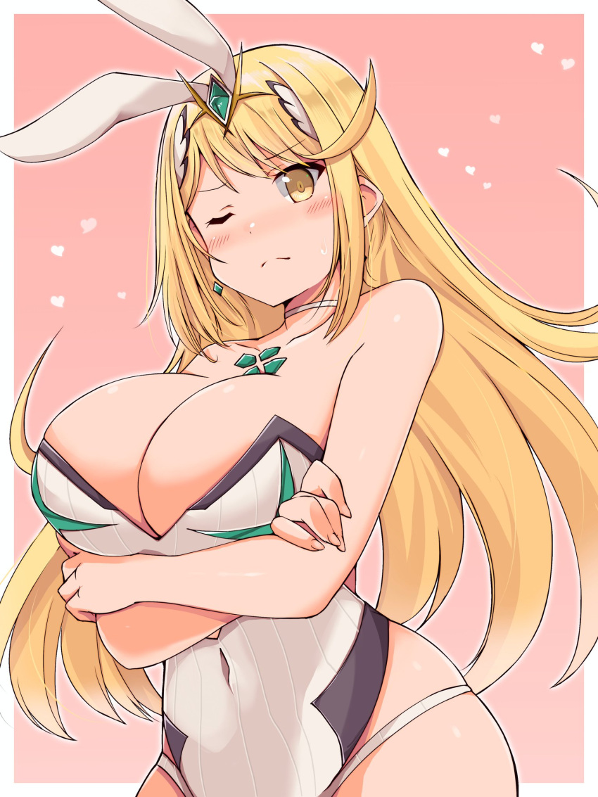 1girl 1girl alluring arms_under_breasts bare_shoulders big_breasts blonde_hair blush chinese_zodiac cleavage collarbone covered_navel cowboy_shot crossed_arms curvy female_focus high_res highleg highleg_leotard kurokaze_no_sora leotard matching_hair/eyes mythra_(xenoblade) navel nintendo playboy_bunny standing strapless strapless_leotard white_leotard wide_hips xenoblade_(series) xenoblade_chronicles_2 year_of_the_rabbit yellow_eyes