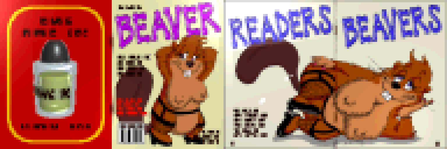 1girl 1girl anthro beaver beaver_tail black_clothing black_footwear black_shoes breasts buckteeth clothed clothing conker's_bad_fur_day cover don_murphy fishnet_clothing fishnet_legwear footwear illegible_text legwear magazine magazine_cover magazine_page mammal nintendo nintendo_64 pose rareware rodent smile teeth text topless topless_female whiskers