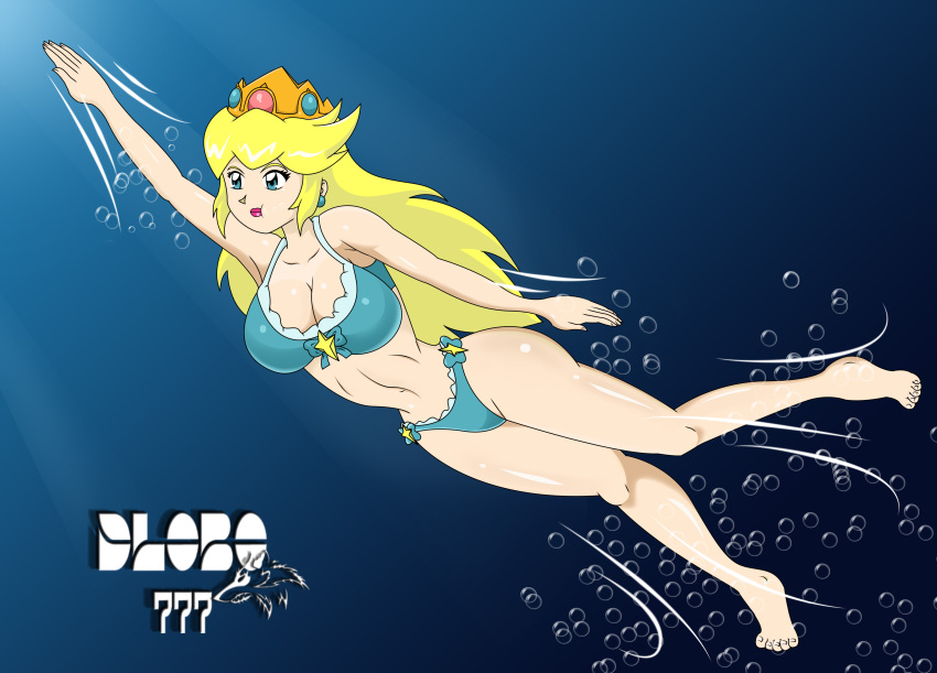 1girl barefoot big_breasts bikini blue_bikini blue_swimsuit breasts bubbles cleavage dlobo777 feet female mario_(series) navel nintendo princess_peach solo swimming swimsuit underwater water