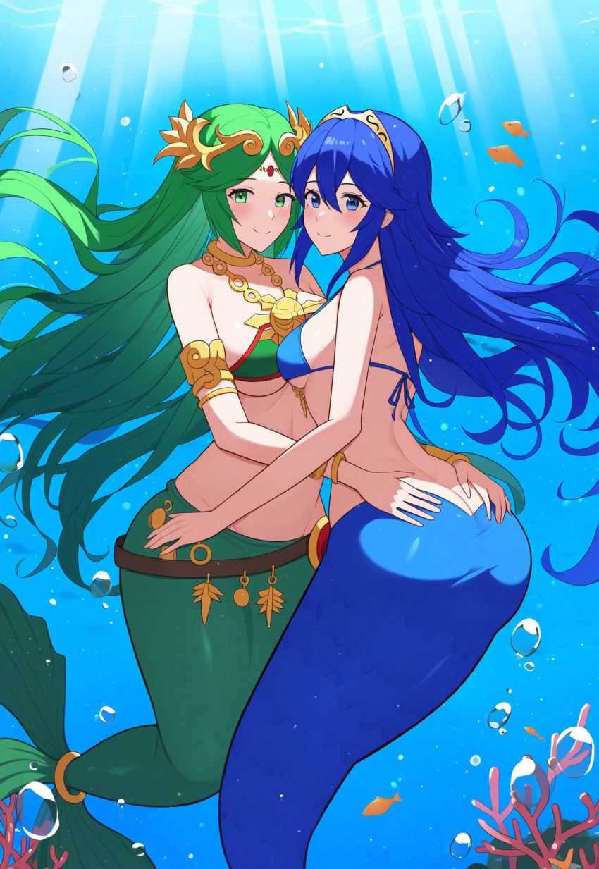 2girls ai_generated alternate_species ass big_ass bikini bikini_top blue_bikini blue_swimsuit breasts crossover female female/female female_only fire_emblem fire_emblem_awakening humanoid kid_icarus looking_at_viewer lucina_(fire_emblem) mermaid nintendo ocean palutena sea super_smash_bros. tail underwater water yuri