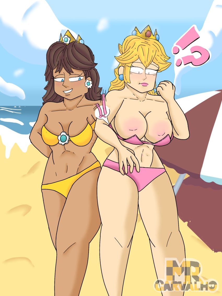 beach beach_chair beach_towel bikini bra bra_removed nintendo panties princess_daisy princess_peach super_mario_bros. untied_bra