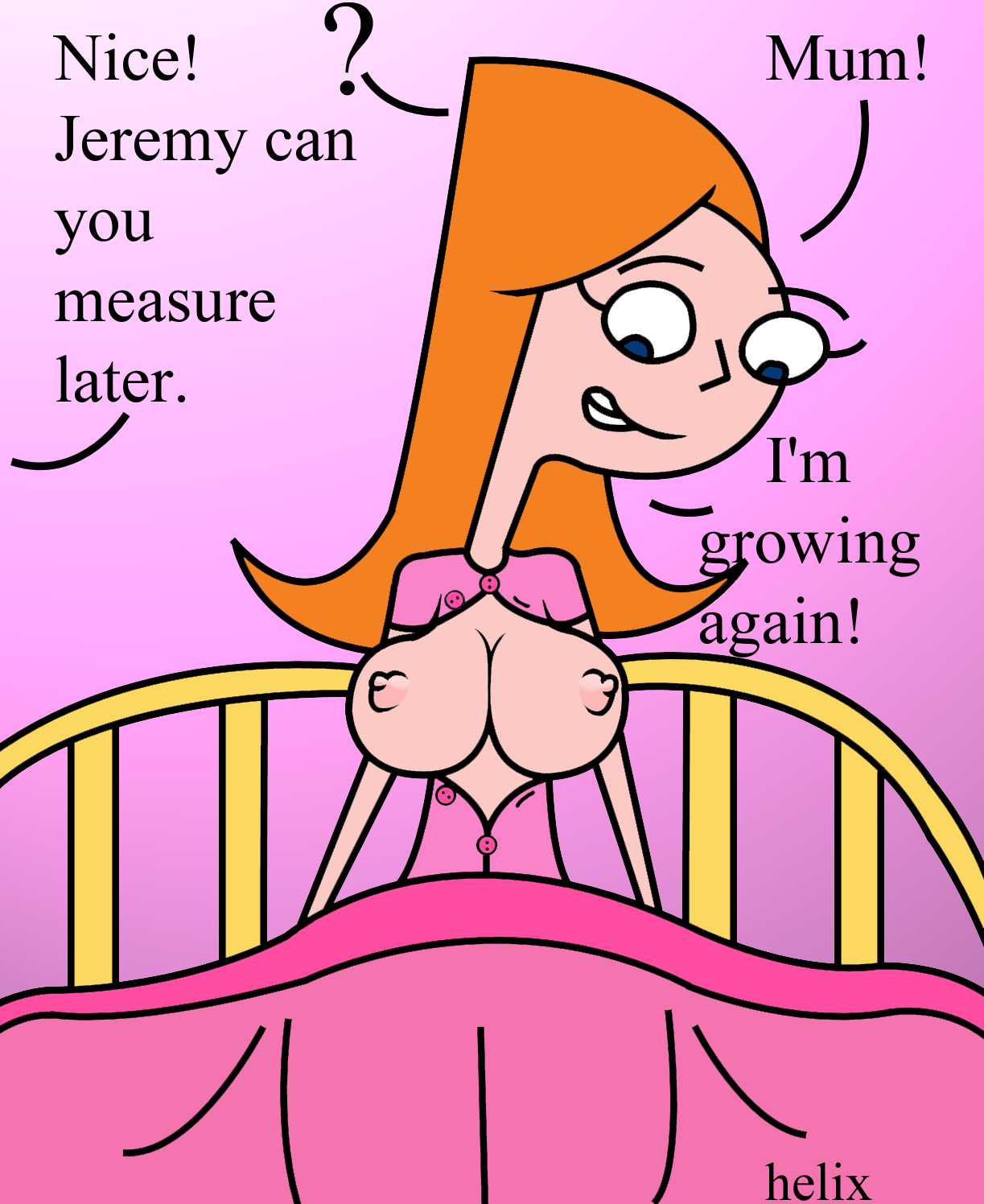 1girl 1girl bed big_breasts blue_eyes breast_expansion breasts breasts_out candace_flynn female_only helix human long_hair nipples orange_hair phineas_and_ferb