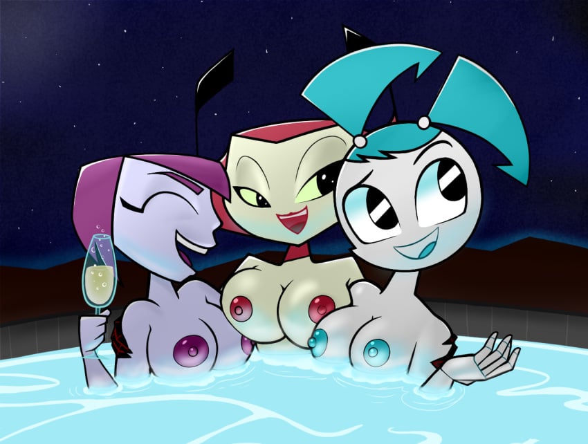 1girl 3_girls alien alien_girl alien_humanoid breasts champagne champagne_glass female_only jacuzzi jenny_wakeman misty_(mlaatr) my_life_as_a_teenage_robot night nipples nude nude_female robot robot_girl robot_humanoid vega_(mlaatr) velenor xj-9 yuri