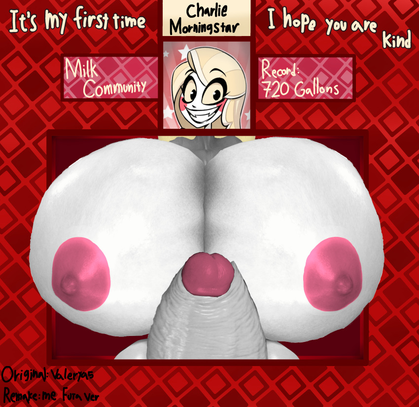 3d artist_name breasts_through_wall character_name charlie_morningstar_(hazbin_hotel) futanari hair hazbin_hotel huge_breasts huge_penis hypfutalover nipples nude picture_frame public_nudity remake tagme text