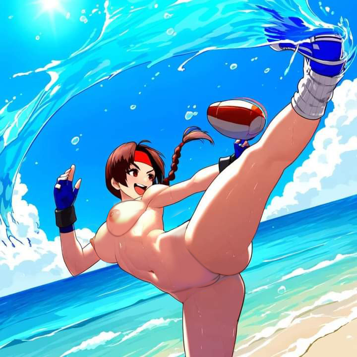 beach big_breasts braided_ponytail brown_hair gloves headband kicking long_hair nekom14 nipples open-mouth_smile pussy spread_legs the_king_of_fighters yuri_sakazaki