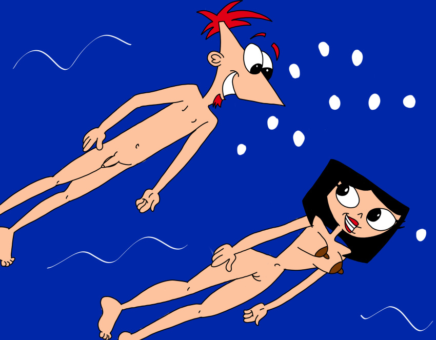 1boy 1girl aged_up black_hair breasts brown_nipples bubbles disney disney_channel eyelashes feet grown_up isabella_garcia-shapiro navel ocean penis phineas_and_ferb phineas_flynn red_hair skinny_dipping tagme toes underwater