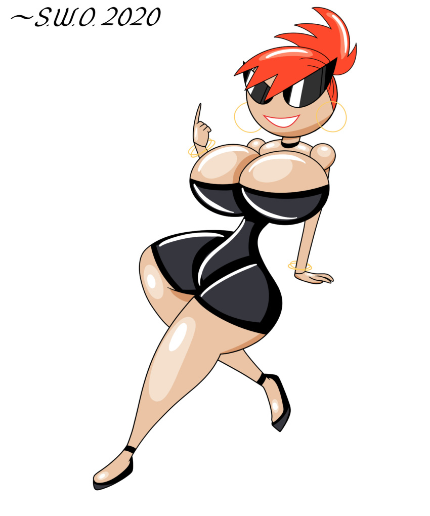 1girl cartoon_network disney dollification foster's_home_for_imaginary_friends frankie_foster huge_ass huge_breasts knick_knack navel permanent_smile pixar sunglasses sunnification superweirdman thick_thighs transformation wide_hips