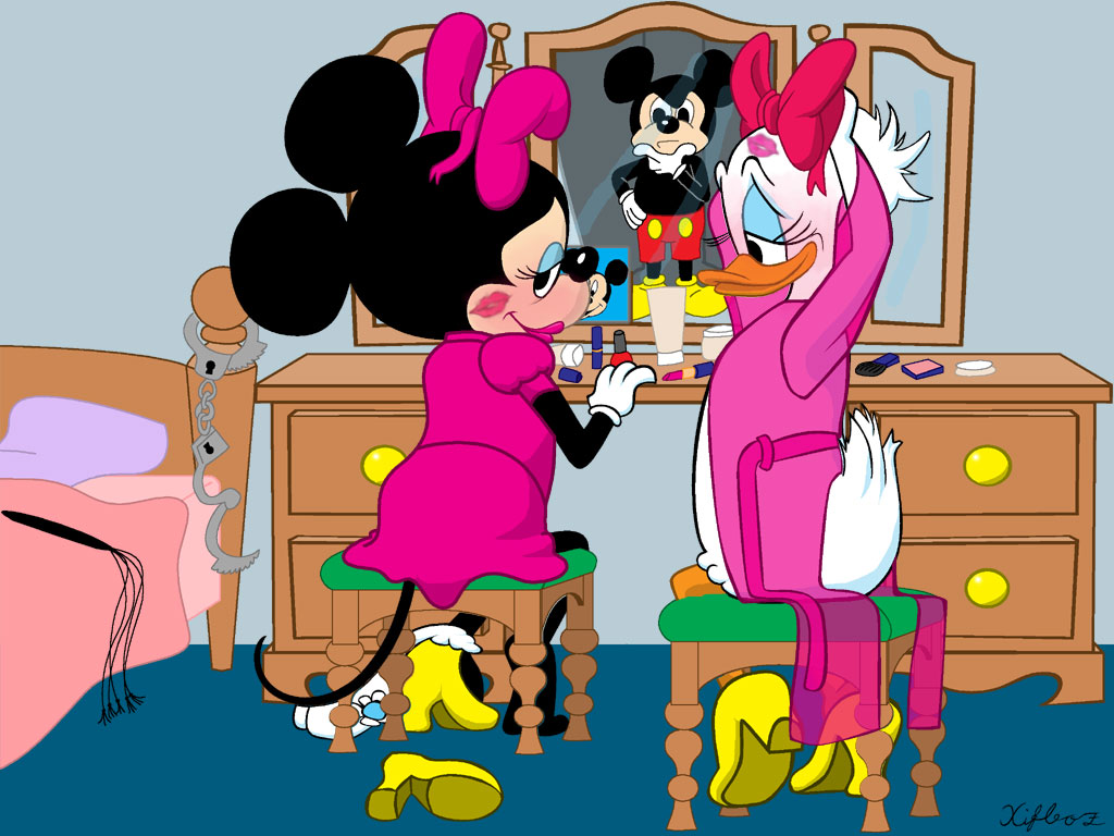 1girl daisy_duck disney killbot makeup male mickey_mouse minnie_mouse mirror tagme thinking