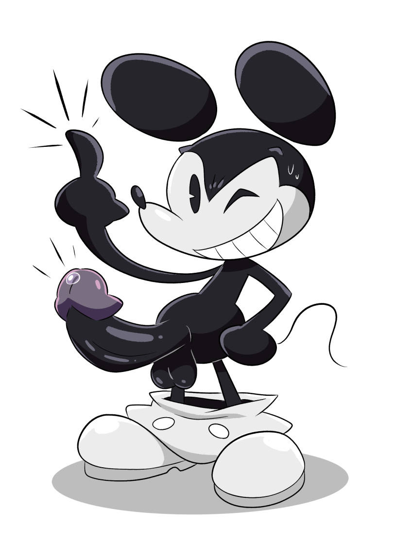 2024 cum disney drshanks24 grin mickey_mouse middle_finger pants_down penis smile smiling_at_viewer testicle white_background winking_at_viewer