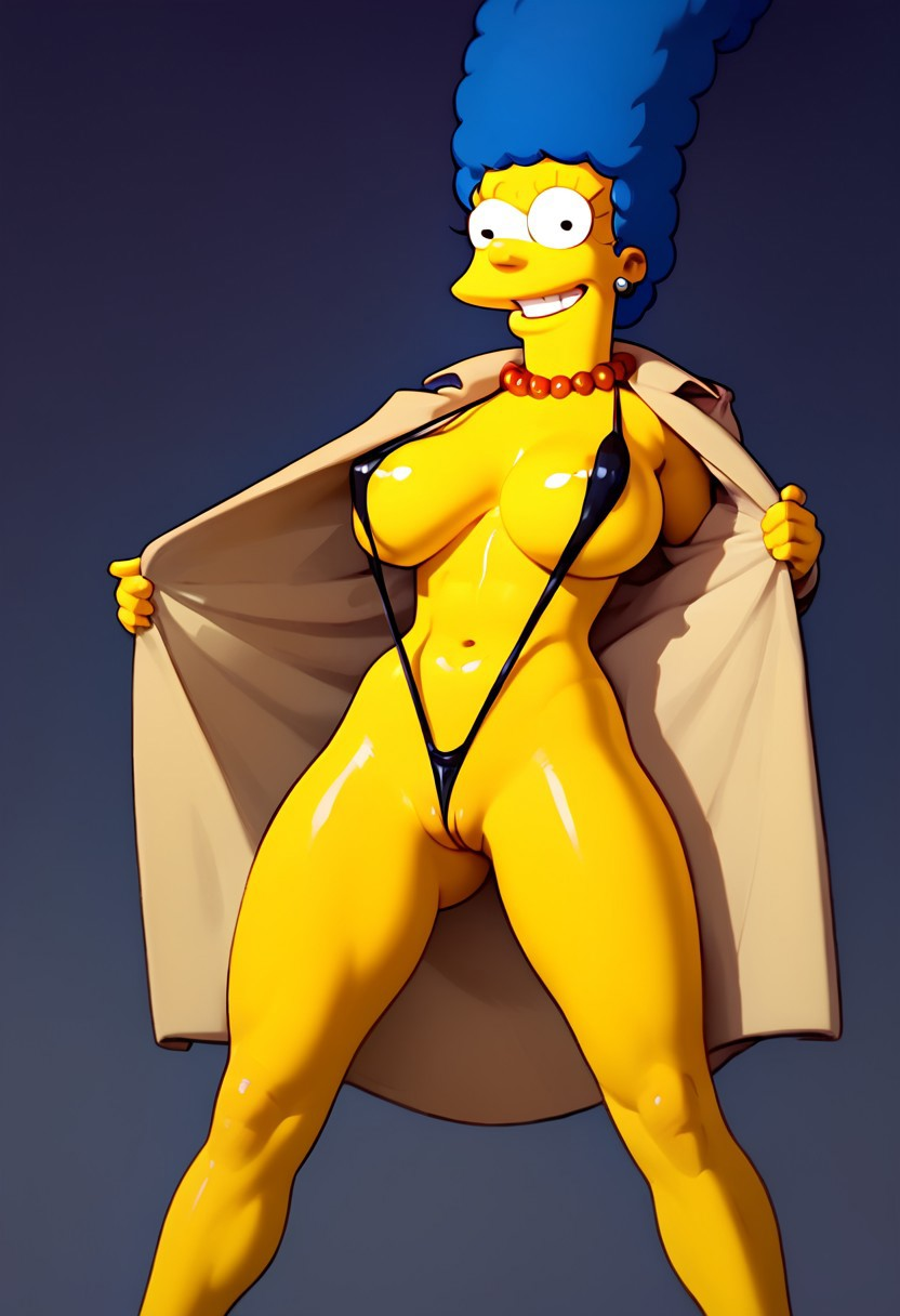 ai_generated almost_naked almost_nude big_breasts blue_hair coat exhibitionism long_hair looking_at_viewer marge_simpson necklace open_clothes pussy semi_nude smile stable_diffusion the_simpsons yellow_skin