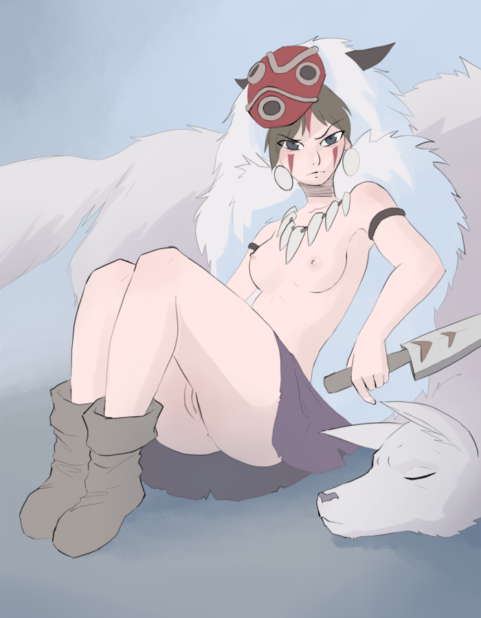 arbuz_budesh arbuzbudesh blue_eyes breasts ferociousness fur_coat ghibli knife looking_at_viewer mask miniskirt no_panties princess_mononoke pussy pussy studio_ghibli topless wolf