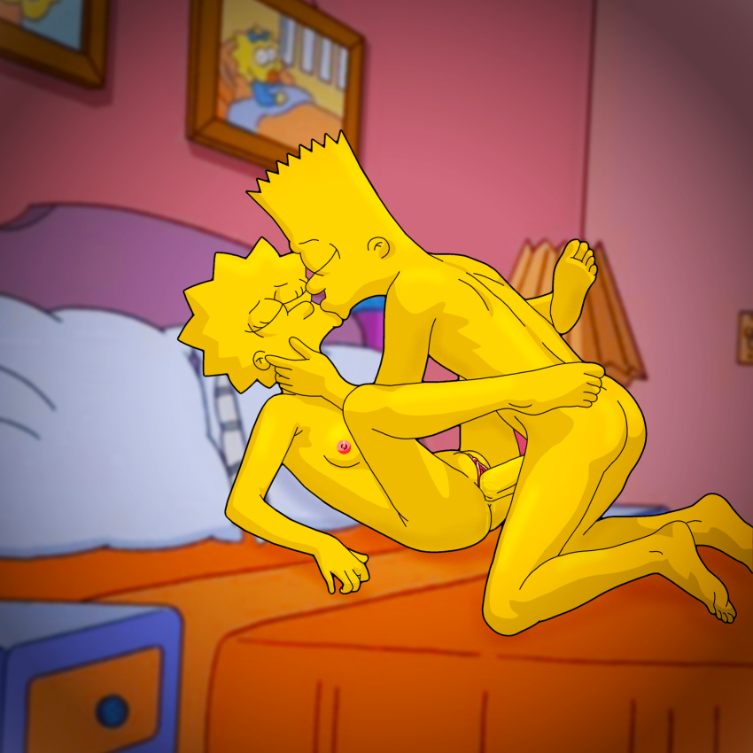 bart_simpson breast brother_and_sister closed_eyes erect_penis evilweazel_(artist) incest kissing legs_up lisa_simpson pussy pussy_lips the_simpsons vaginal yellow_skin