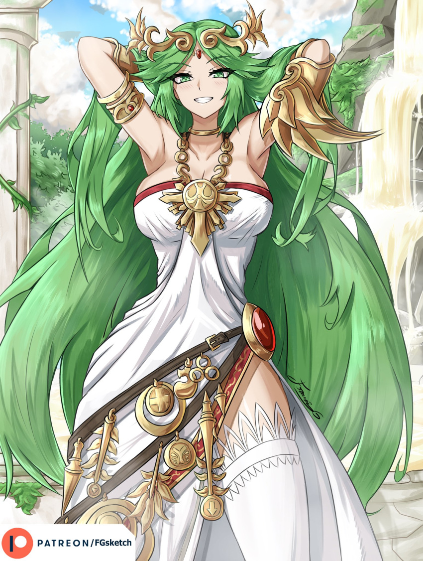 1girl alluring arms_up bare_shoulders cleavage dress female_focus fgsketch greek_clothes green_eyes green_hair hotsprings jewelry kid_icarus kid_icarus_uprising laurel_crown long_hair looking_at_viewer medium_breasts nintendo palutena parted_bangs pendant pendant_choker smile stockings strapless strapless_dress very_long_hair white_dress