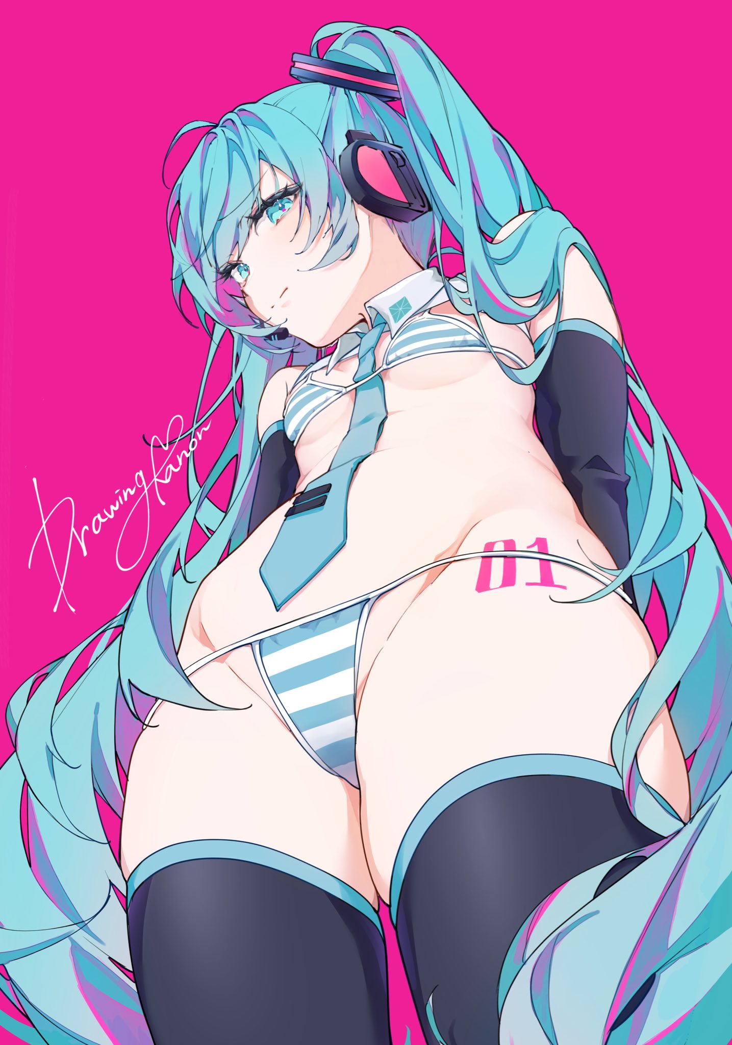 1girl 1girl arms_behind_back bikini blue_eyes blue_hair breasts detached_collar detached_sleeves drawing_kanon from_below headset high_res long_hair looking_at_viewer meme meme_attire miku_collar_bikini miku_hatsune neck_tie pink_background simple_background small_breasts stockings striped_bikini striped_clothes swimsuit twin_tails very_long_hair vocaloid