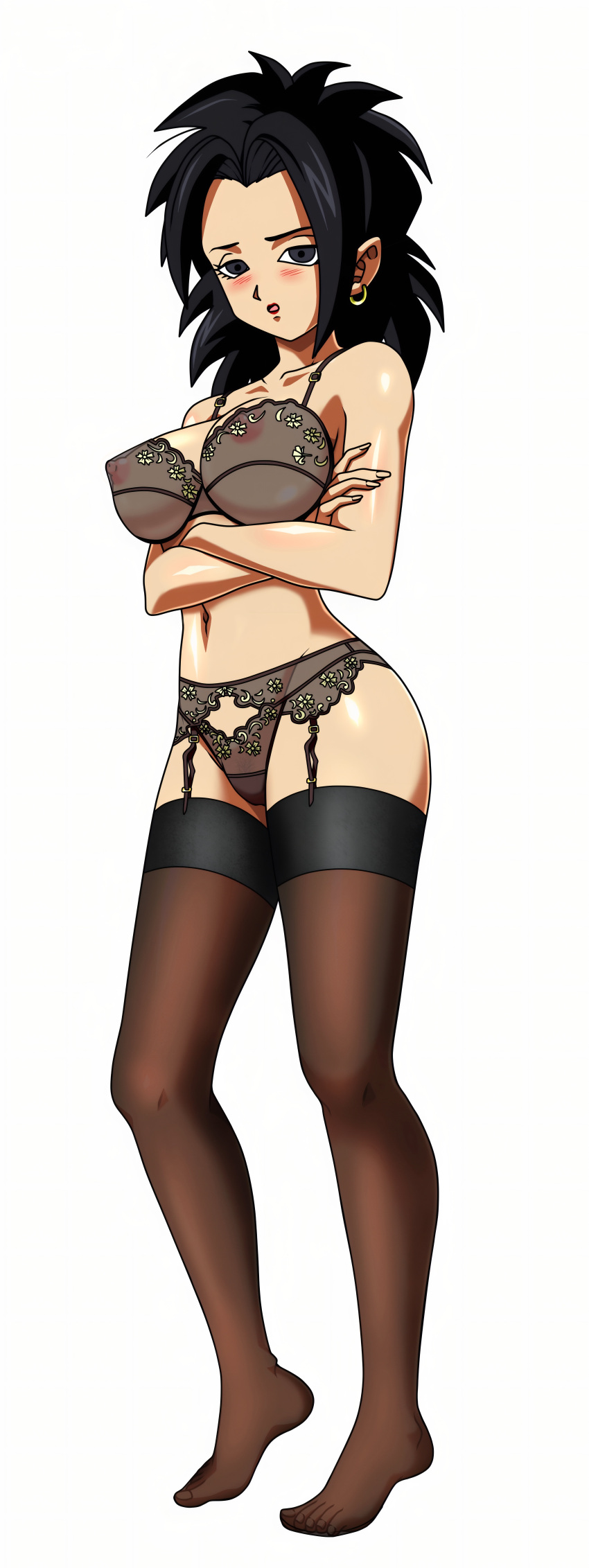 1girl big_ass big_breasts black_hair black_thighhighs cute foxybulma kale lingerie loose_hair posing seductive shy